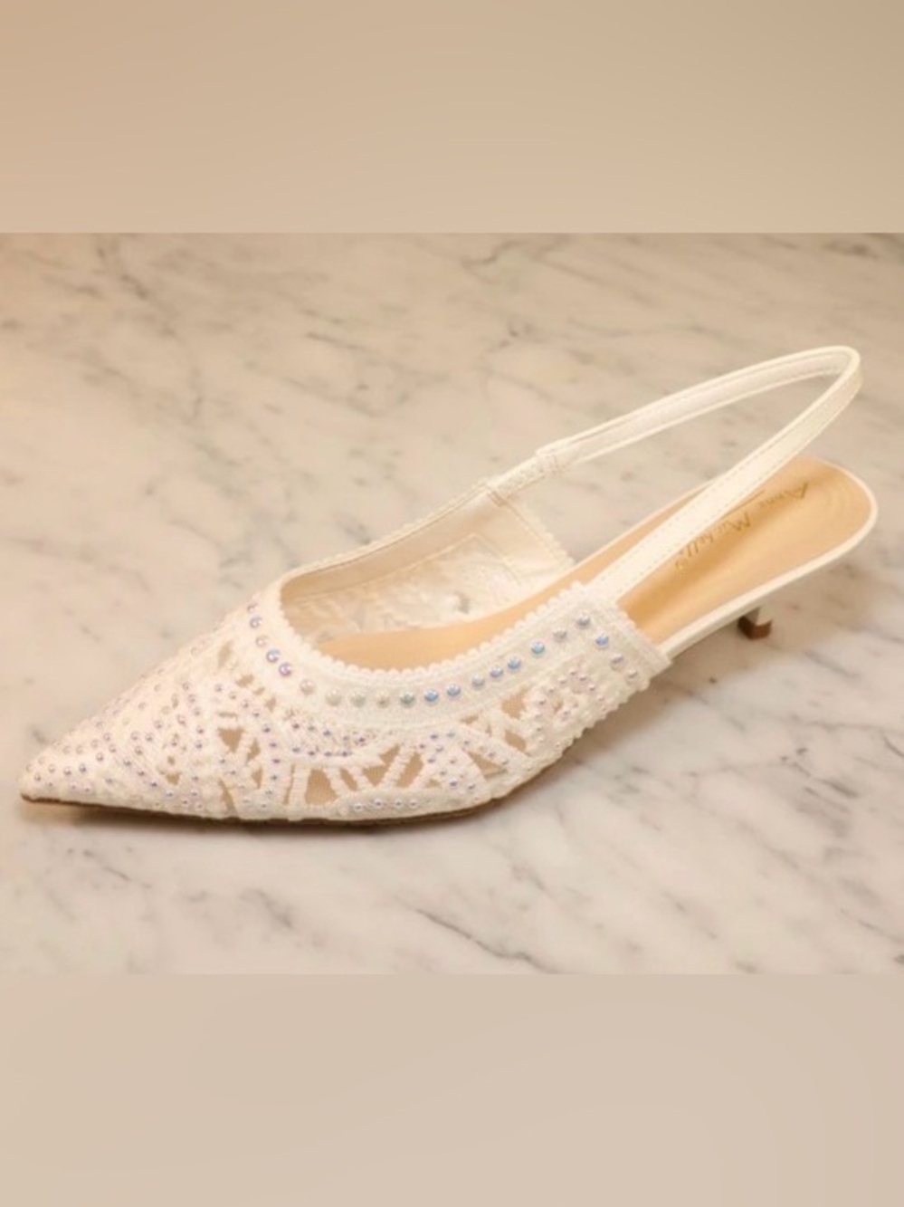 NIB [Anne Michelle] Pointed Slingback Low Heels White Lace Womens Multiple Sizes